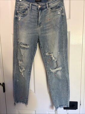 Judy Blue Light Blue Distressed Ankle Jeans with Paint-Splatter 11/30